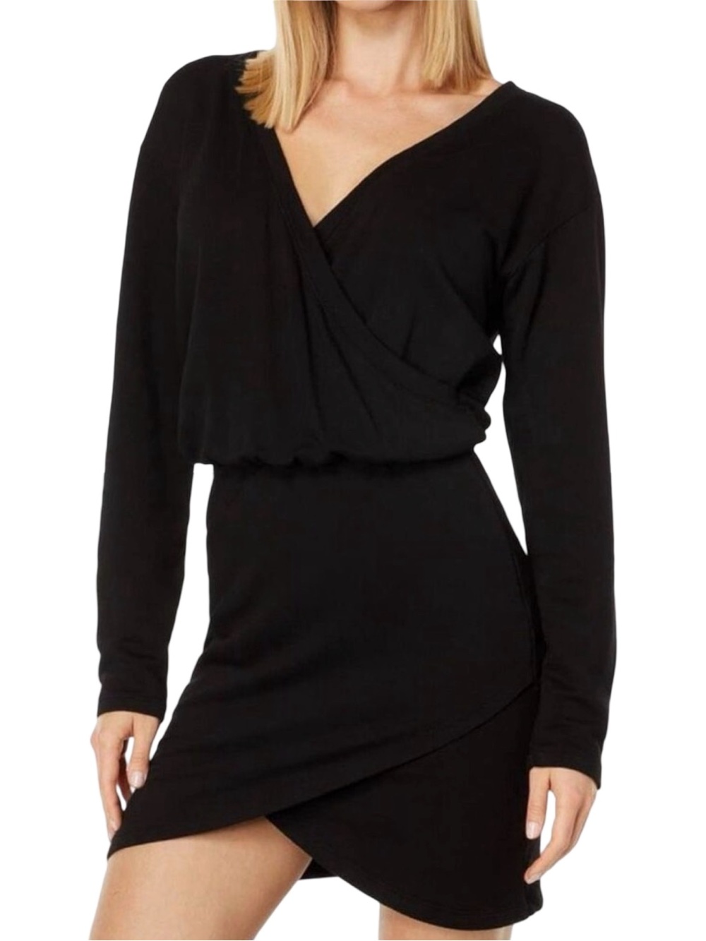 Monrow Supersoft Fleece Crossover V-Neck Mini Dress - Size Medium - Black